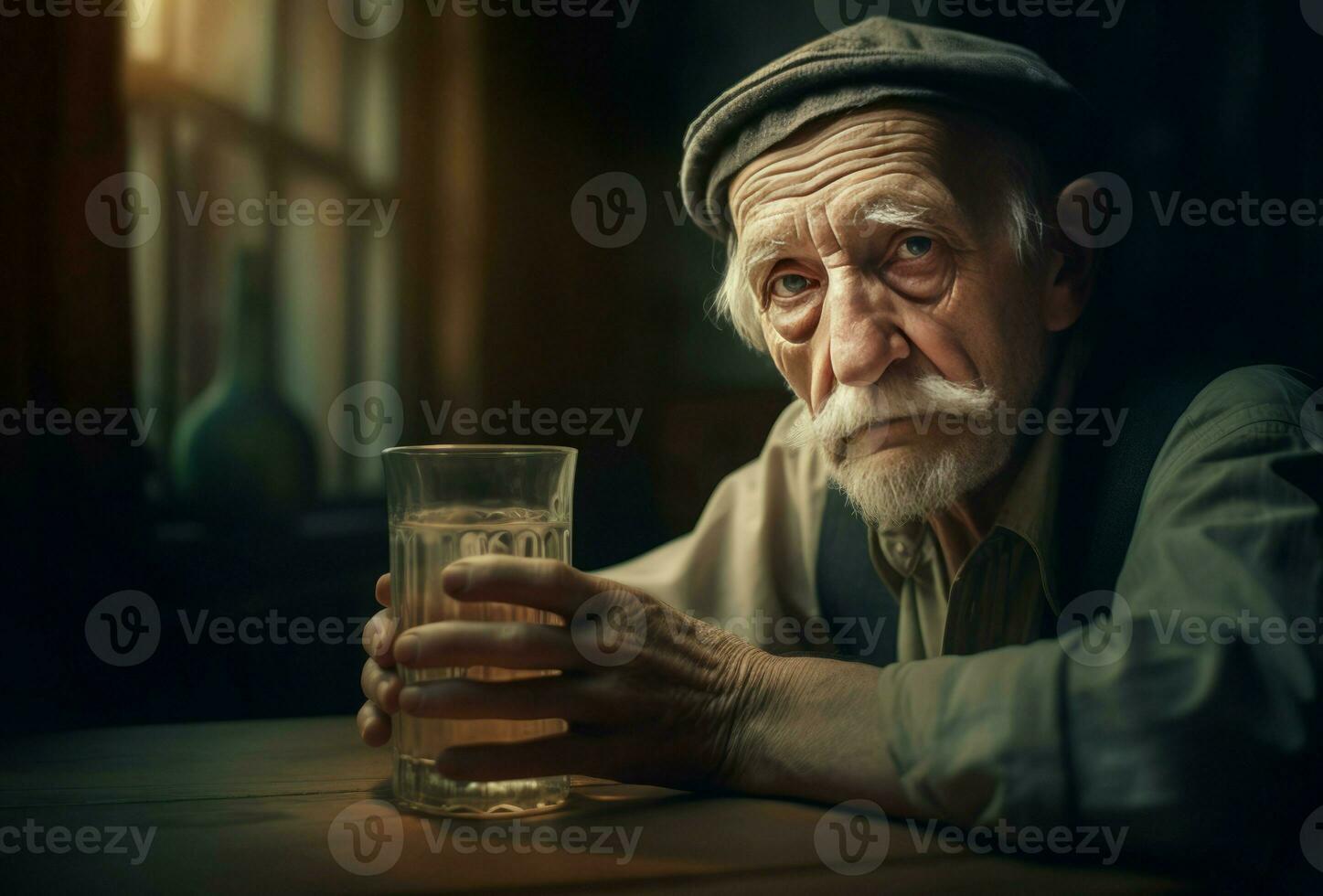 Old man lonely with water glass drinking. Generate Ai photo