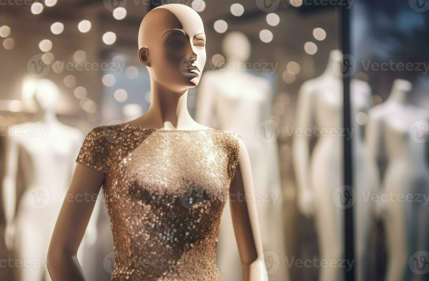 Mannequin dress elegant shiny view at mall shop. Generate Ai photo