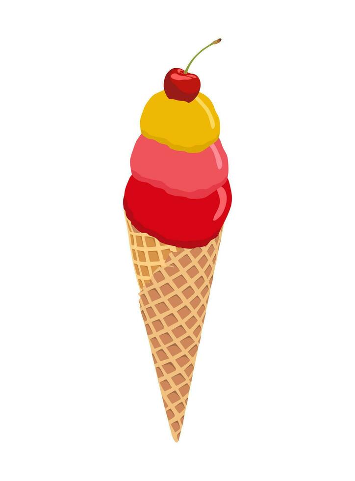 Cute ice cream cone cartoon illustration. Flat design with cherry. Isolated on white background. Scoops of ice cream vector