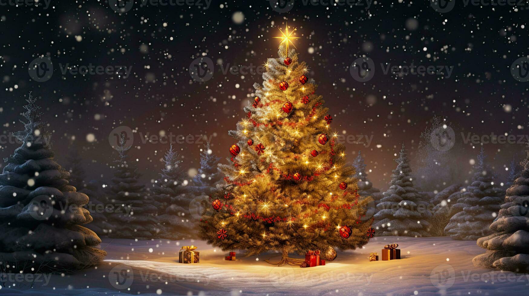 Winter holiday background. Christmas tree in snowy forest with gifts. photo