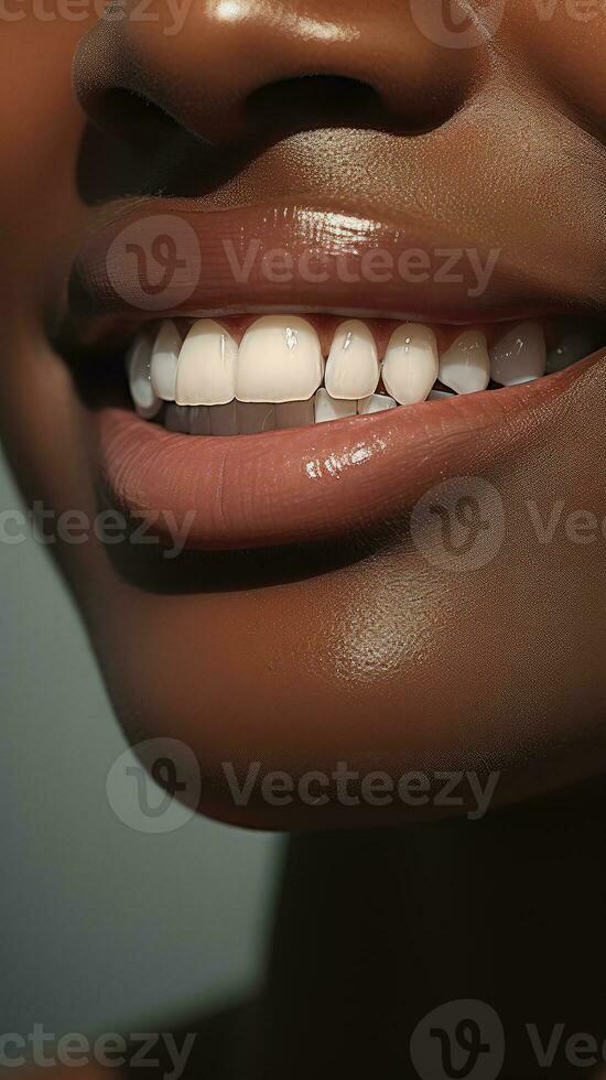 Perfect Snow-White Smile American African Woman. Dentistry Concept photo