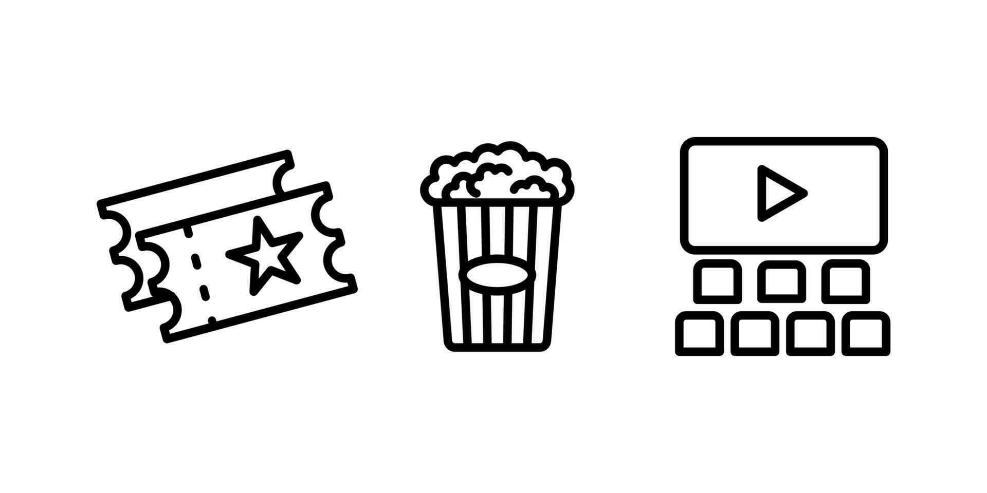 Set icons Cinema auditorium with screen and seats, cinema hall, popcorn,and tickets.isolated