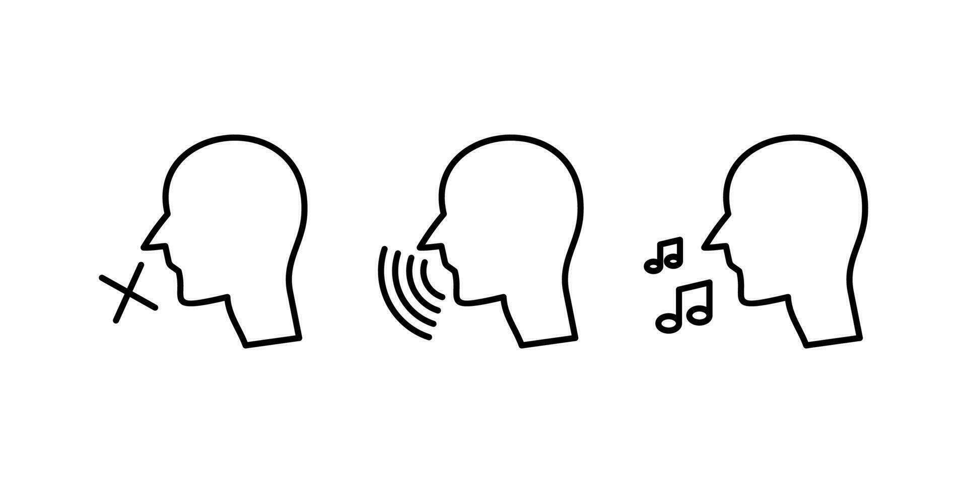 collection of human voice icons. Talking vector. People talking sign, man with open mouth and sound waves, silent people sign, speech icon isolated on transparent background vector