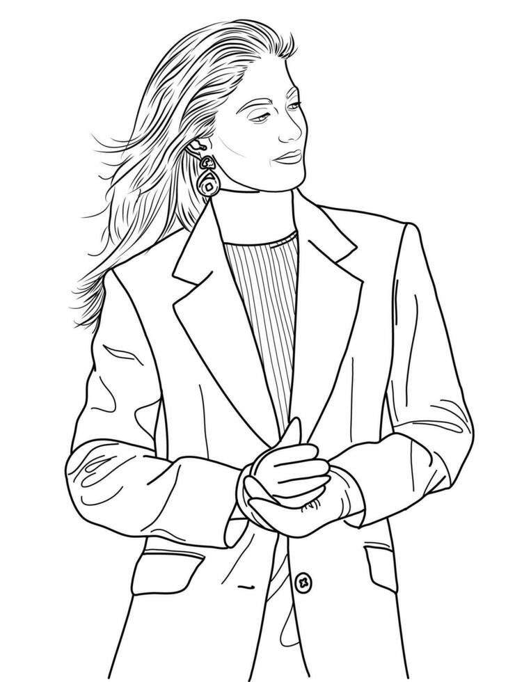 Sketch for adult coloring book. Vector illustration, beautiful girl in jacket or blazer. Black and white, Vector illustration. Design for sticker, pattern. Fashion coloring pages. Old money style