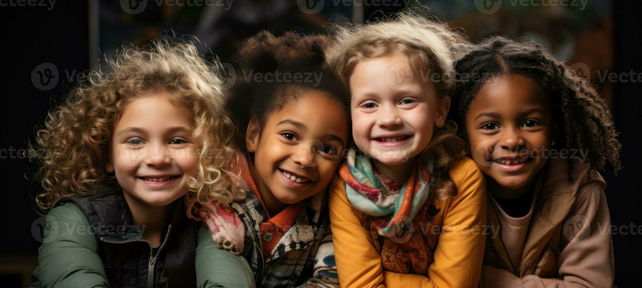 The photograph of different groups of children depicts their harmony, joy, moments of play and discovery.. Generative AI photo