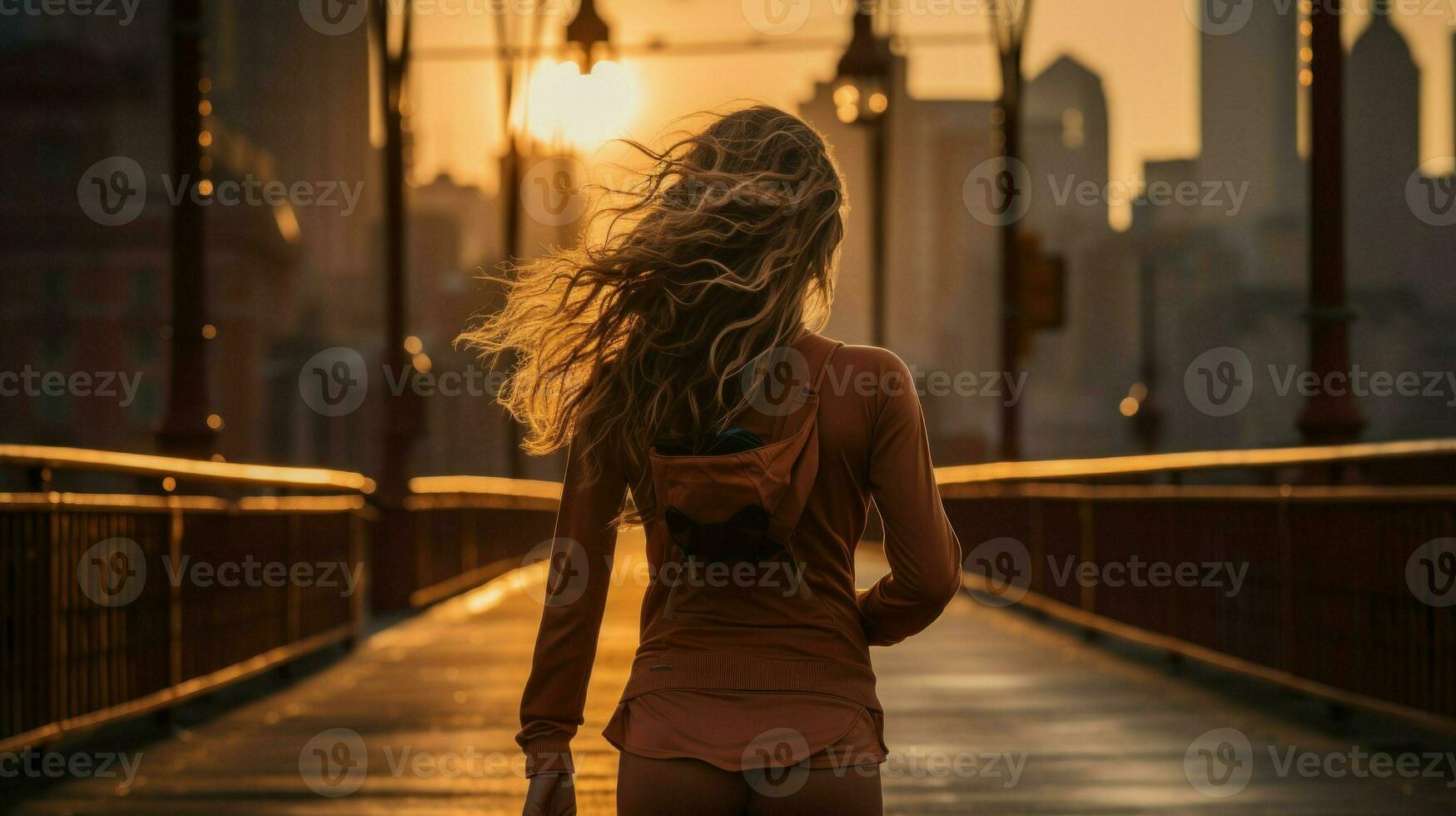 A fit woman jogging in athletic wear during golden hour.. Generative AI photo