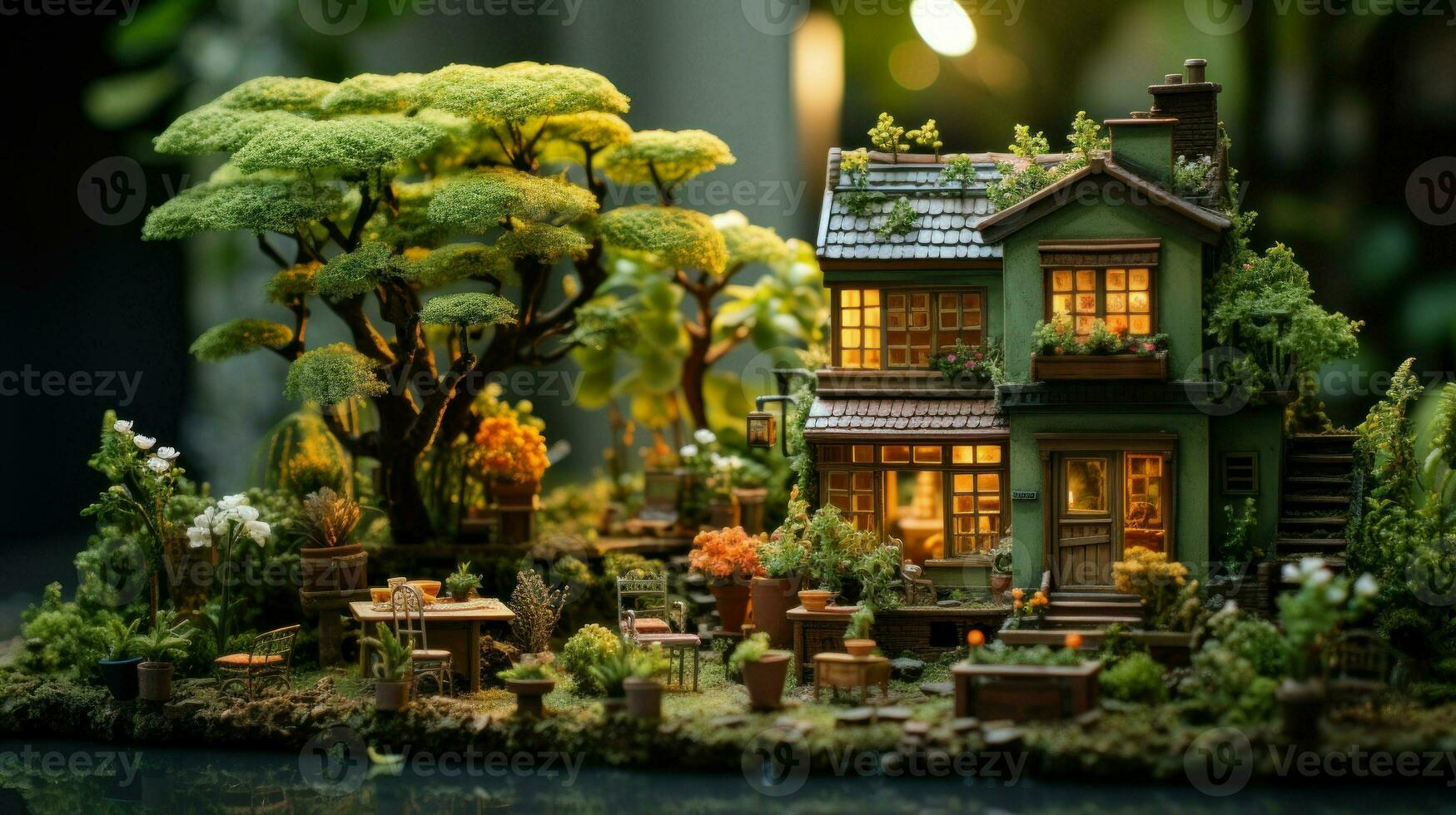 Detailed miniature of a traditional Japanese garden with a pagoda.. Generative AI photo