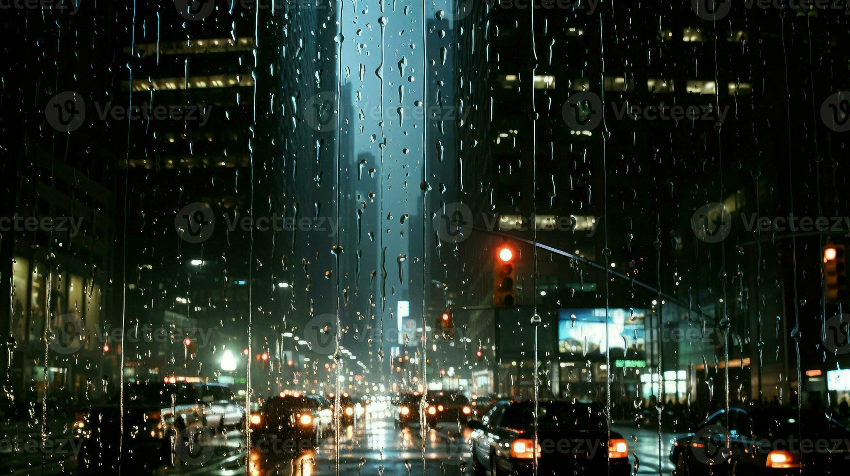 un concurrido ciudad ver mediante un ventana lleno con gotas de lluvia. generativo ai foto
