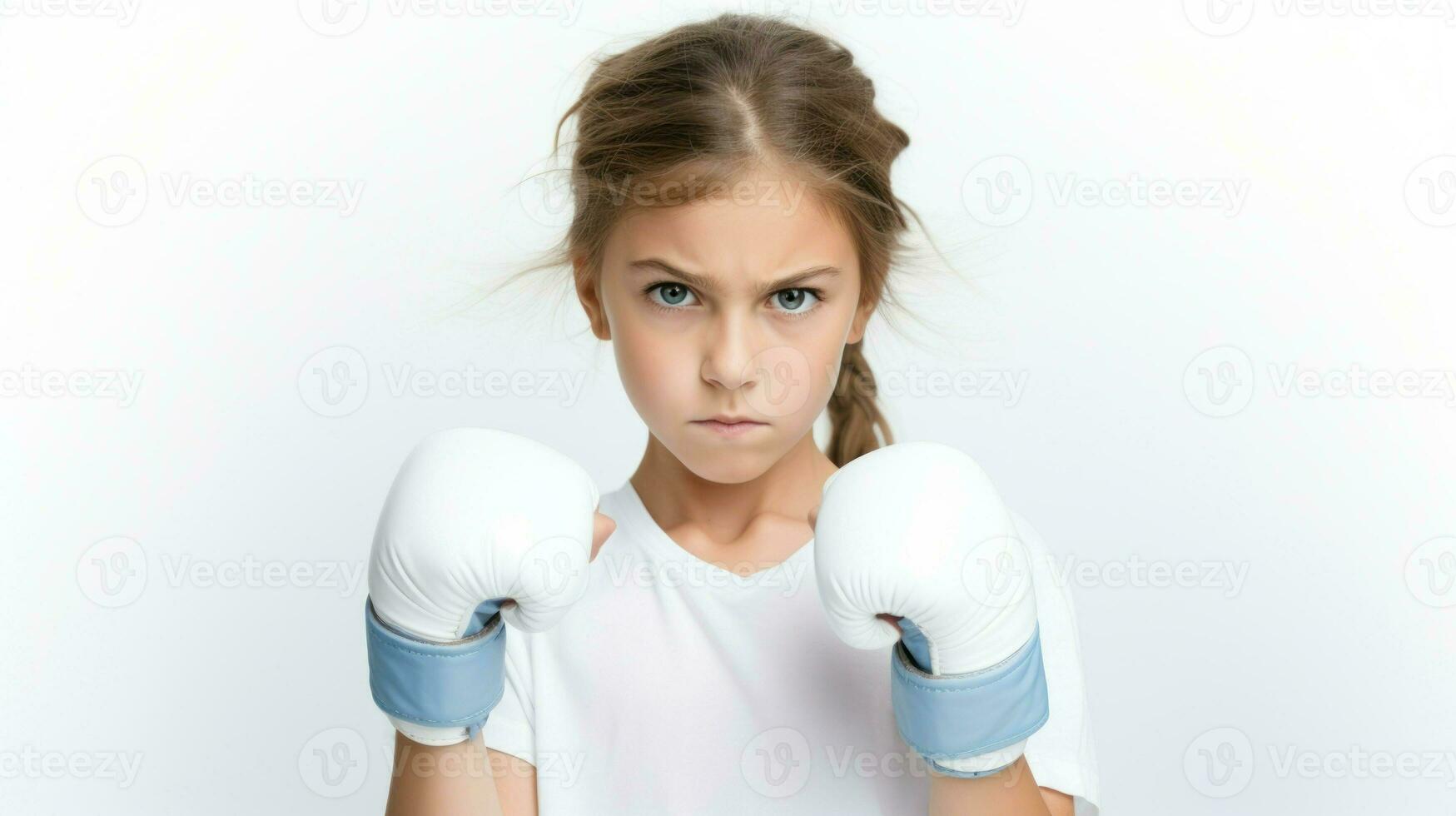 An angry girl with a white and blue boxing glove on her face. Generative AI photo