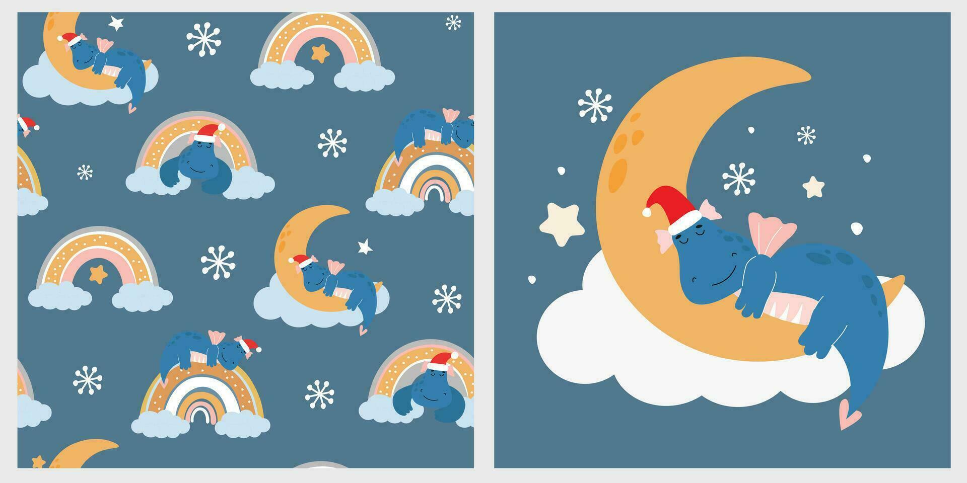 A cute little cartoon dragon sleeps on the moon. Baby pattern with fantasy animals, rainbow, stars and snowflakes. Vector graphics.