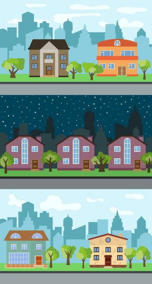 conjunto de tres ilustraciones vectoriales de la calle de la ciudad con casas de dibujos animados y árboles. paisaje urbano de verano. vista de la calle con paisaje urbano en un fondo vector