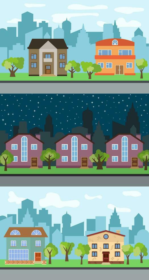 Set of three vector illustrations of city street with cartoon houses and trees. Summer urban landscape. Street view with cityscape on a background