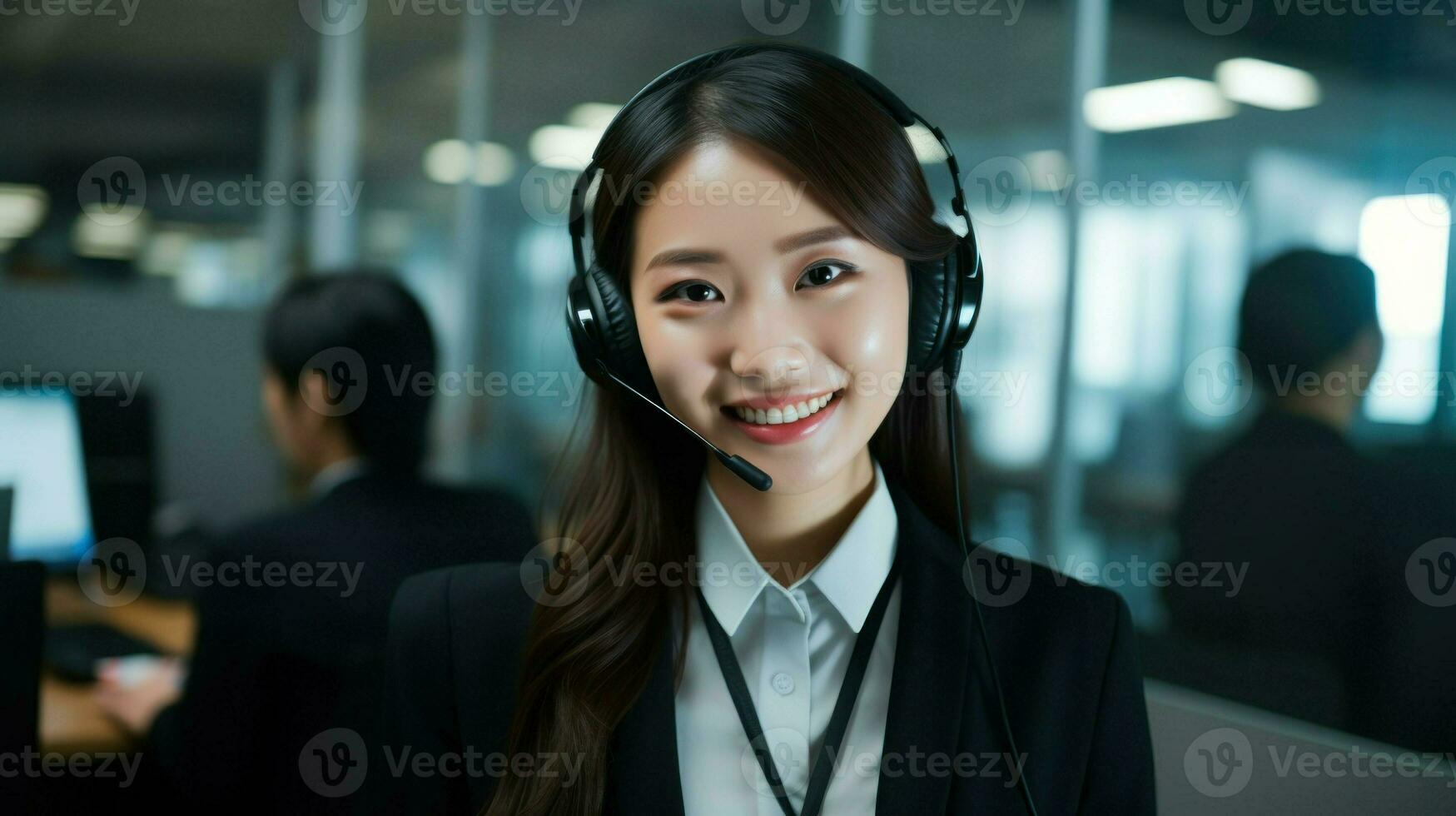 Asian young friendly call center worker wearing a headset and microphone. Generative AI photo