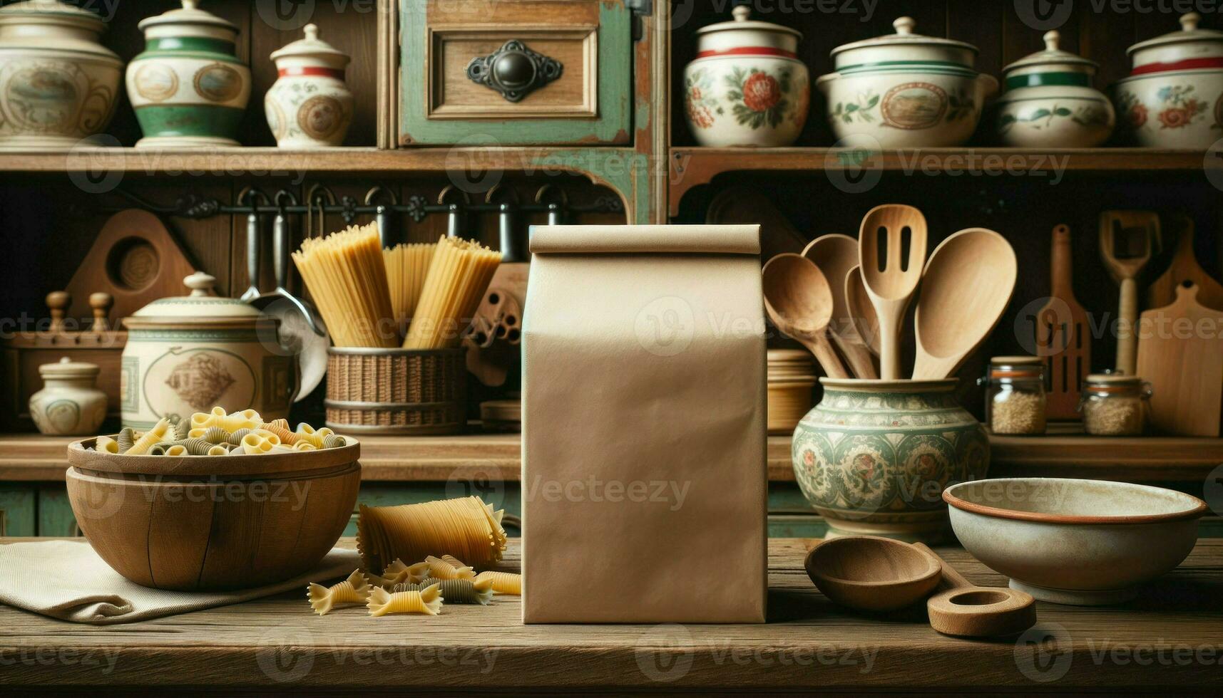 Close-up shot of rustic pasta packaging, blank and colored in Italian pasta beige, set against a vintage Italian kitchen setup. Generative AI photo