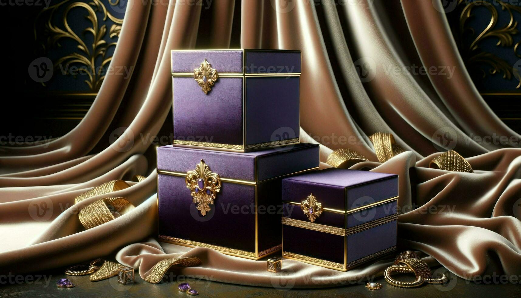 blank elegant jewelry boxes colored in royal purple with gold accents, placed in the forefront.. Generative AI photo