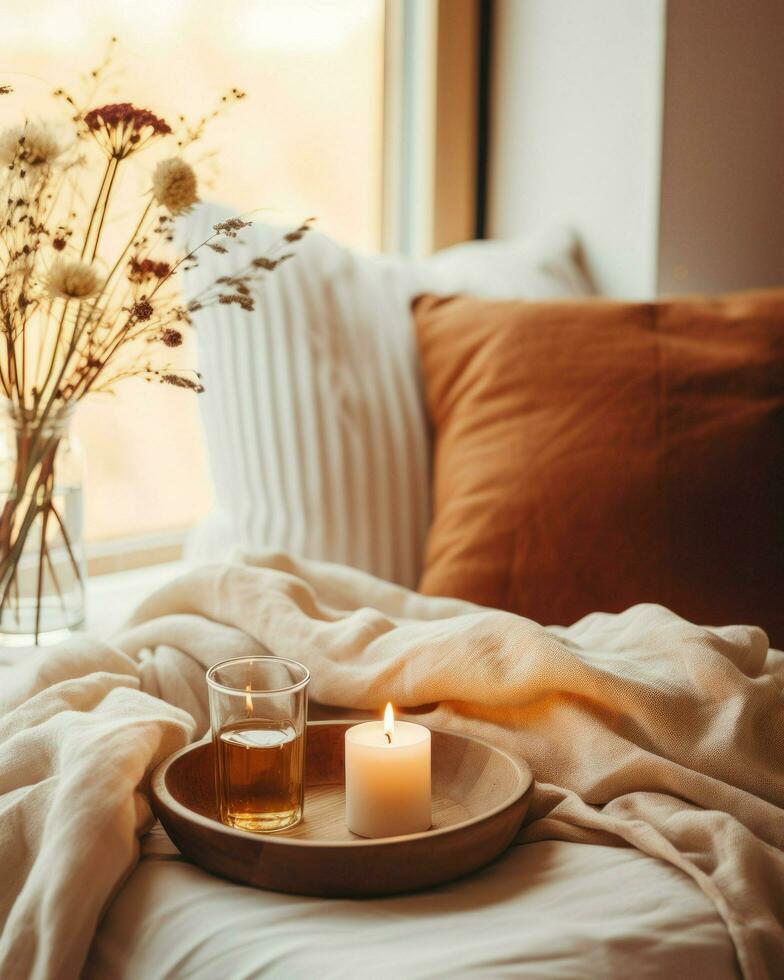 un cómodo cama con un iluminado vela y un libro descansando en el antepecho.. generativo ai foto