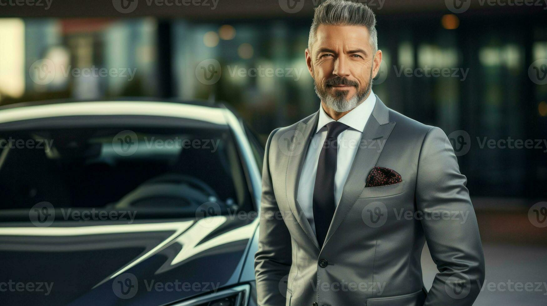 Successful businessman posing in front of his luxury car. Generative AI photo