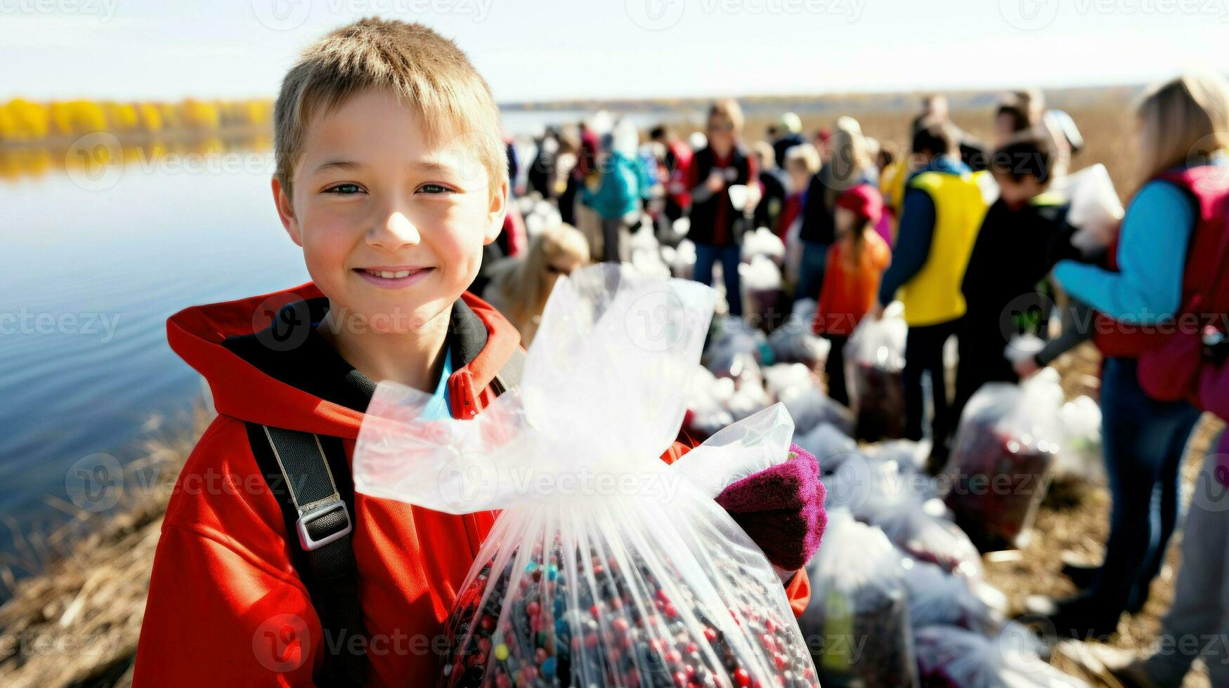 Determined young boy holding a trash bag during a community cleanup.. Generative AI photo