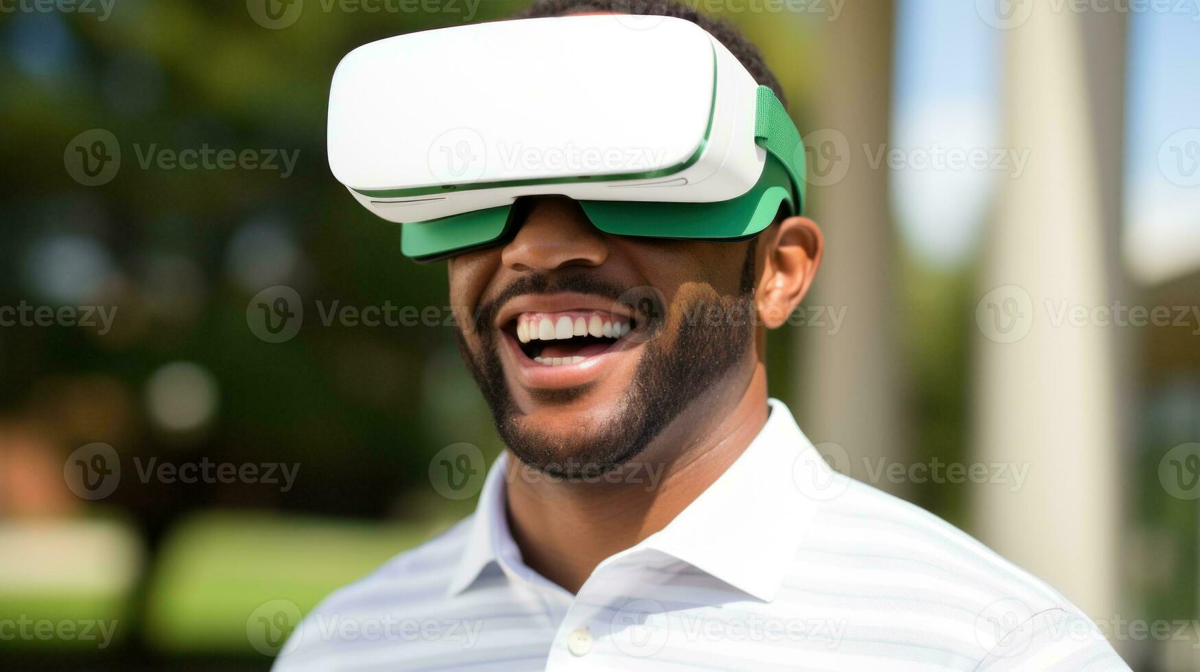 A man enjoying the interactive world of VR gaming. Generative AI photo