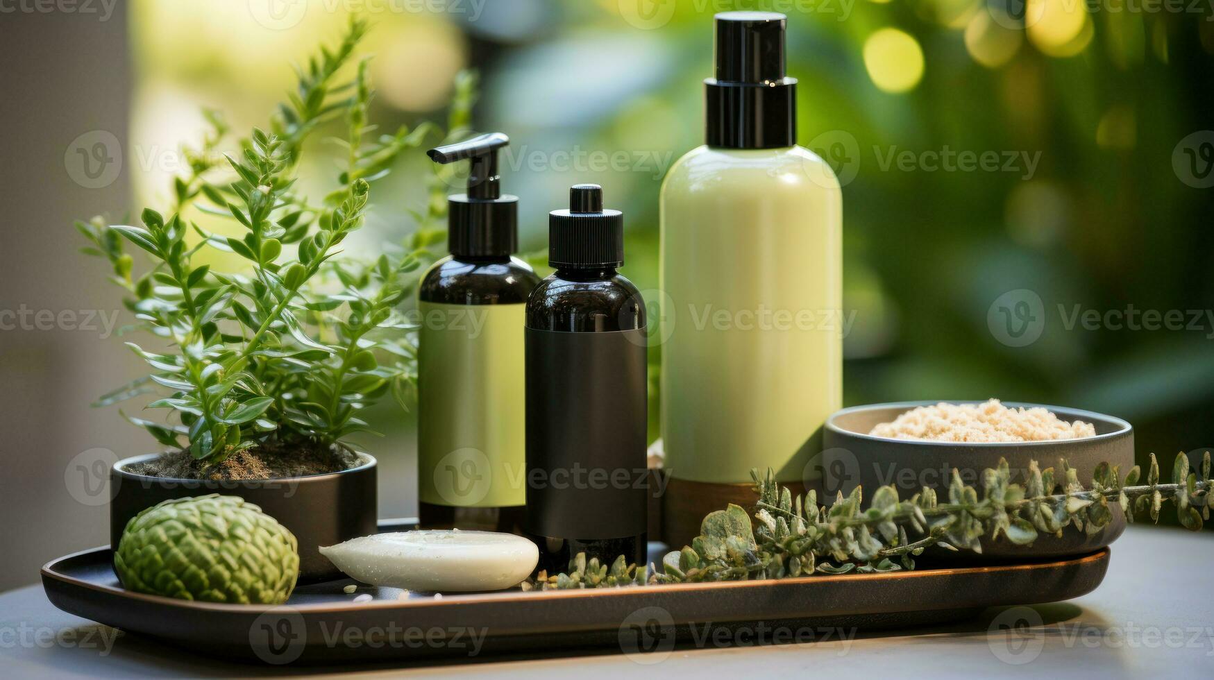 Organic skincare products with a natural backdrop. Generative AI photo