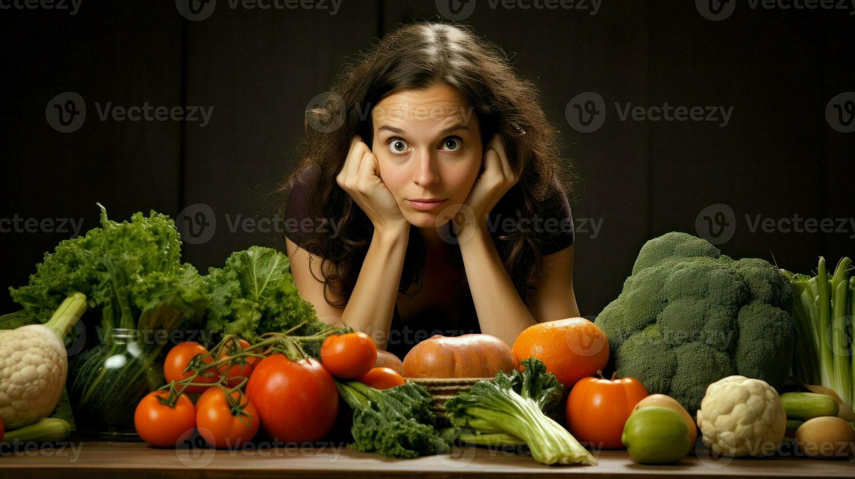 A woman with a playful expression among vegetables.. Generative AI photo