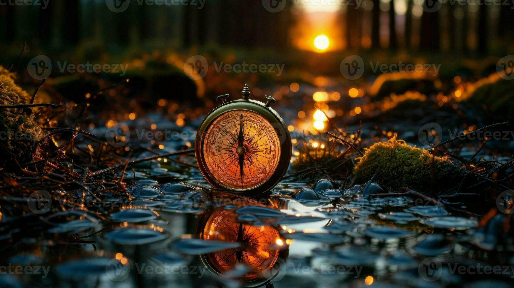 Vintage compass on a wet surface, reflecting its surroundings.. Generative AI photo