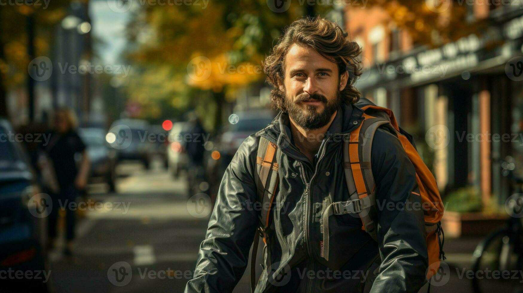 Portrait of a young man with a beard, wearing a grey jacket, outdoors.. Generative AI photo