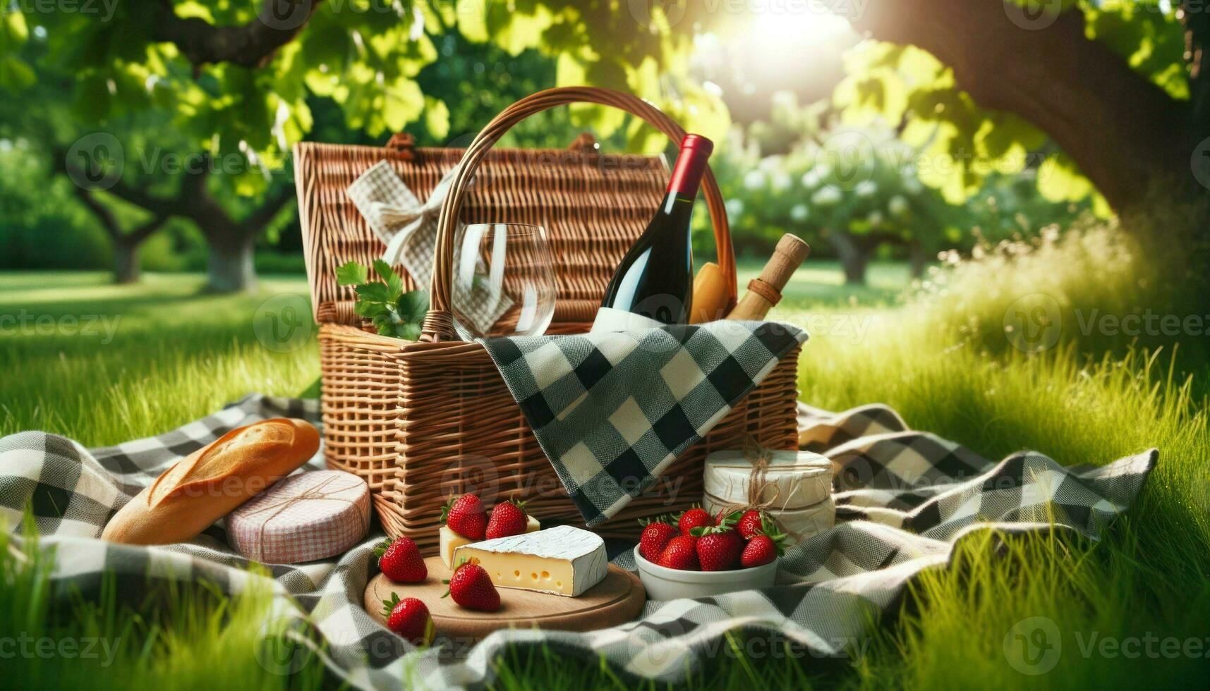 A checkered blanket spread in a park with a basket, wine, cheese, and strawberries, under a shady tree.. Generative AI photo