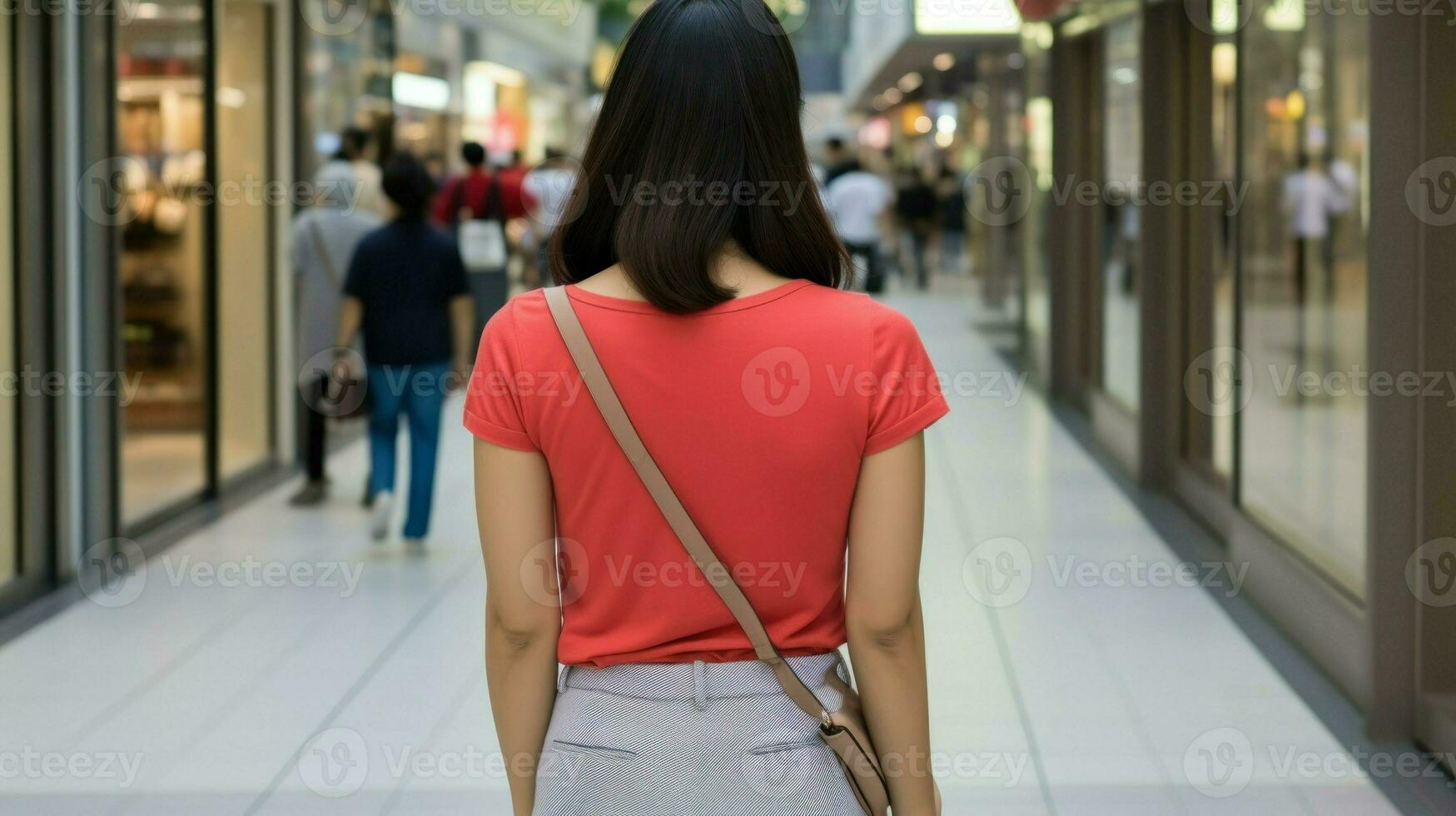 Young asian woman walking in a shopping mall. Generative AI photo