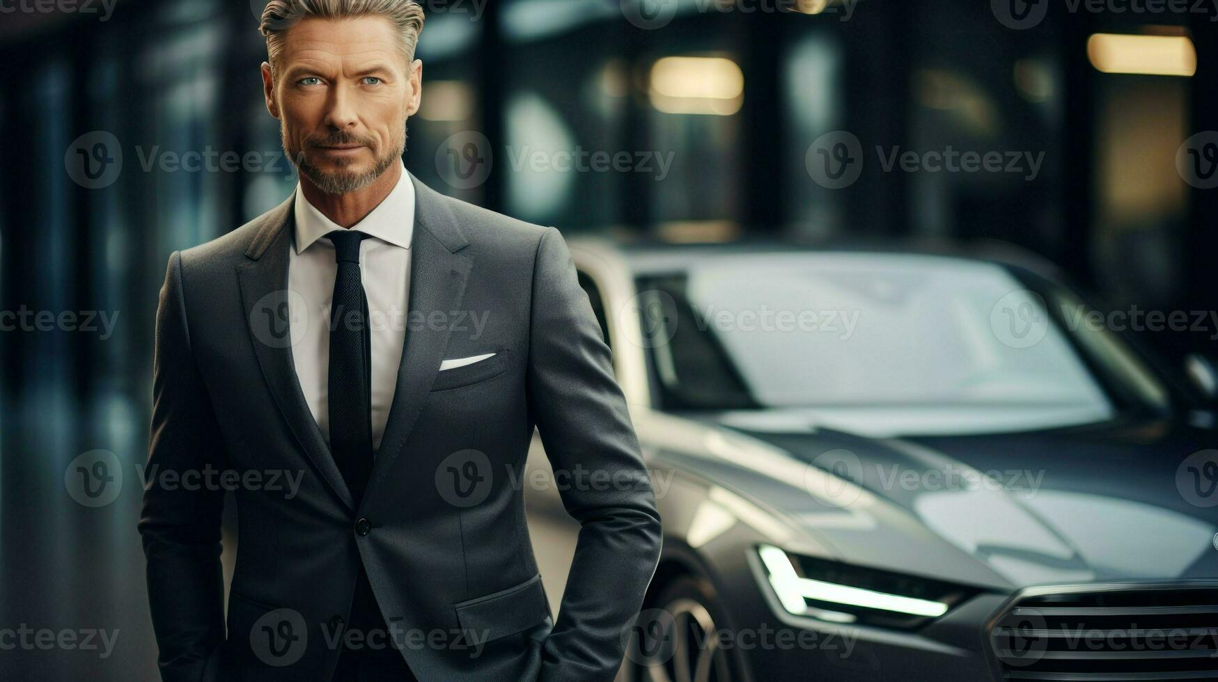 Successful businessman posing in front of his luxury car. Generative AI photo