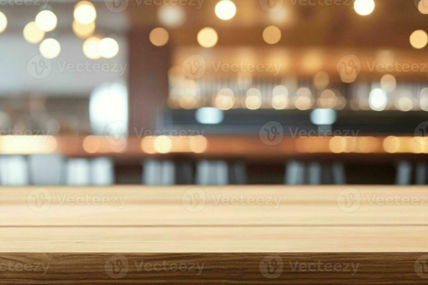 wooden table in front of a blurred background of restaurant lights. AI Generative Pro Photo