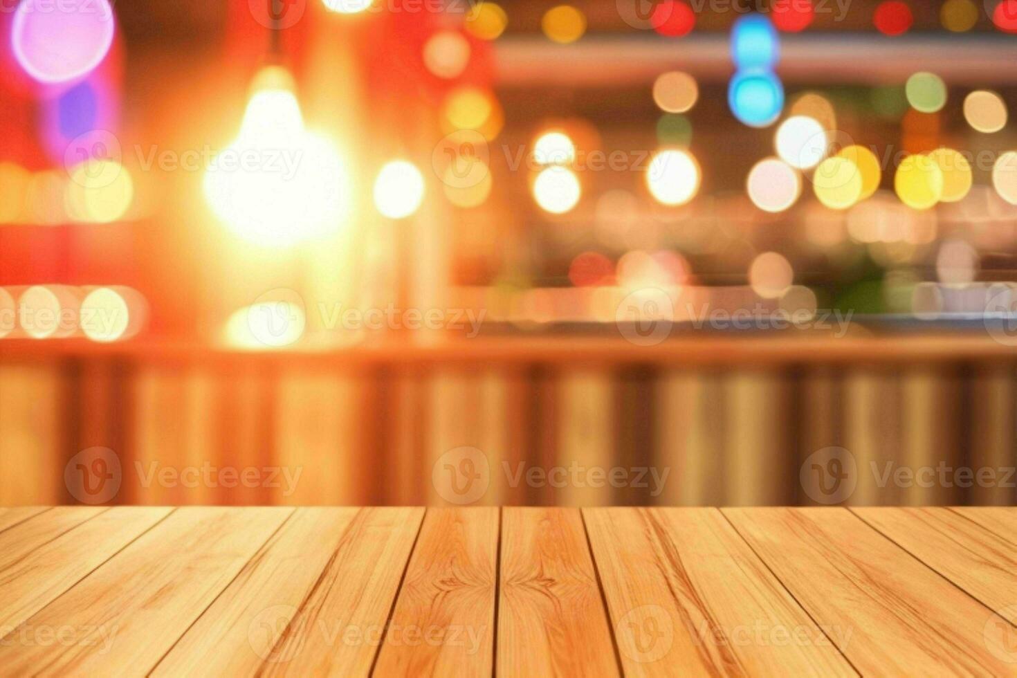 wooden table in front of a blurred background of restaurant lights. AI Generative Pro Photo