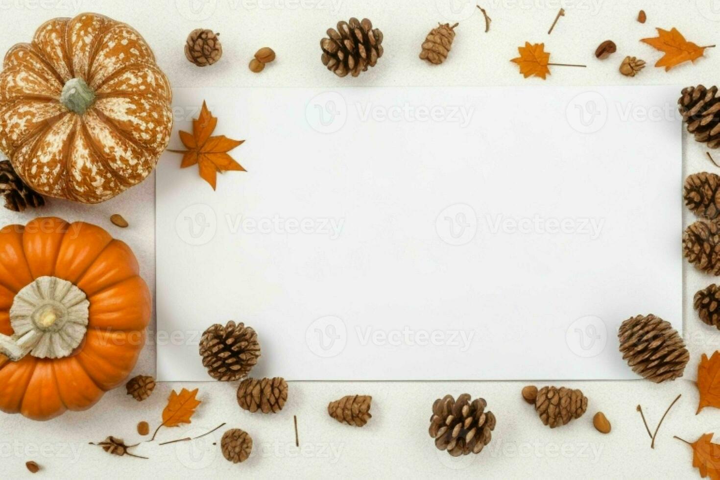 pumpkin, pine cones and dry leaves decoration. paperwhite blank card mockup background. AI Generative Pro Photo