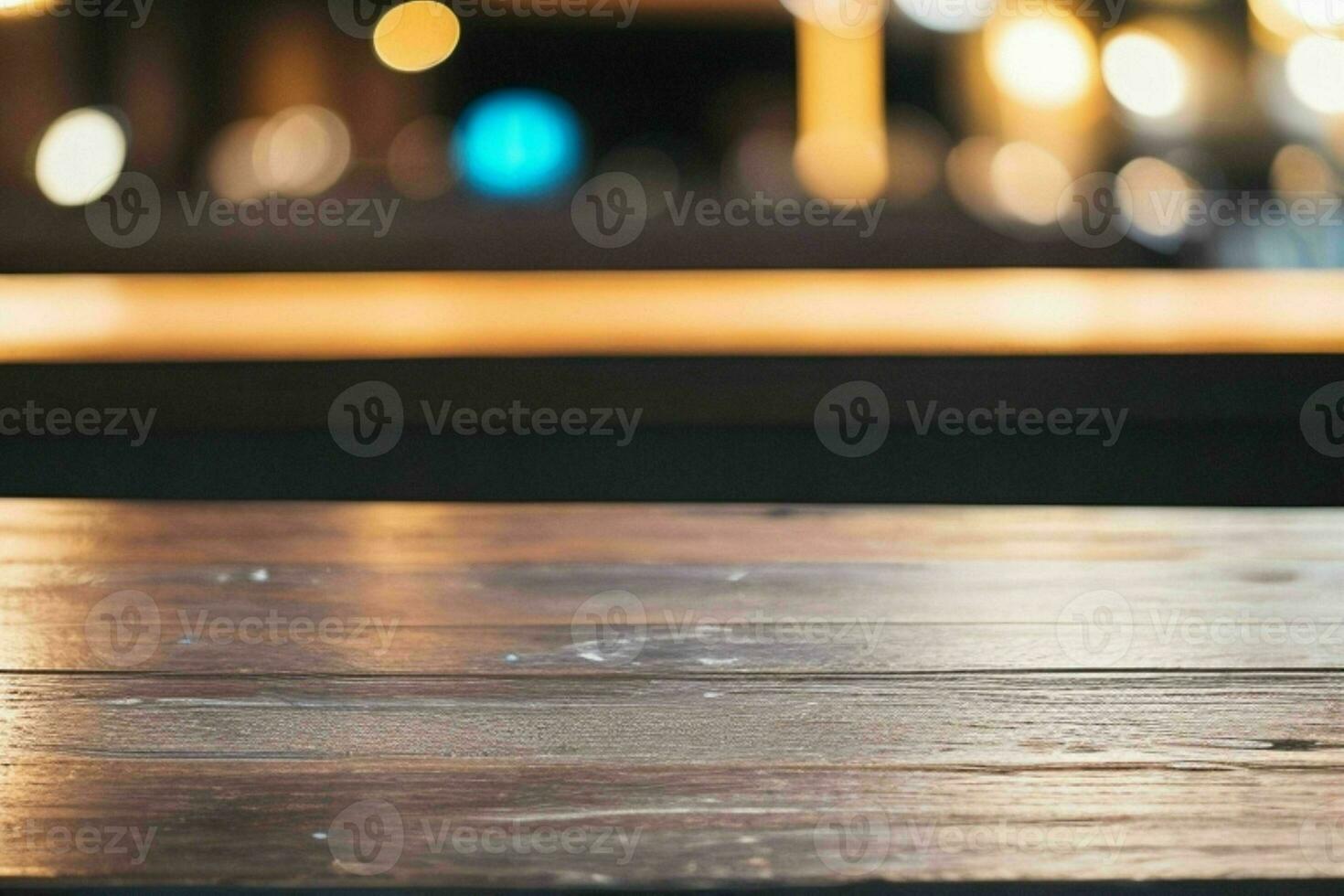 wooden table in front of a blurred background of restaurant lights. AI Generative Pro Photo