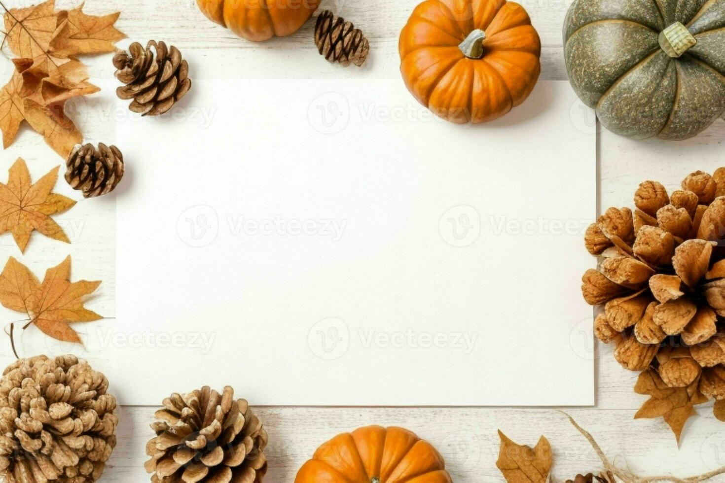 pumpkin, pine cones and dry leaves decoration. paperwhite blank card mockup background. AI Generative Pro Photo