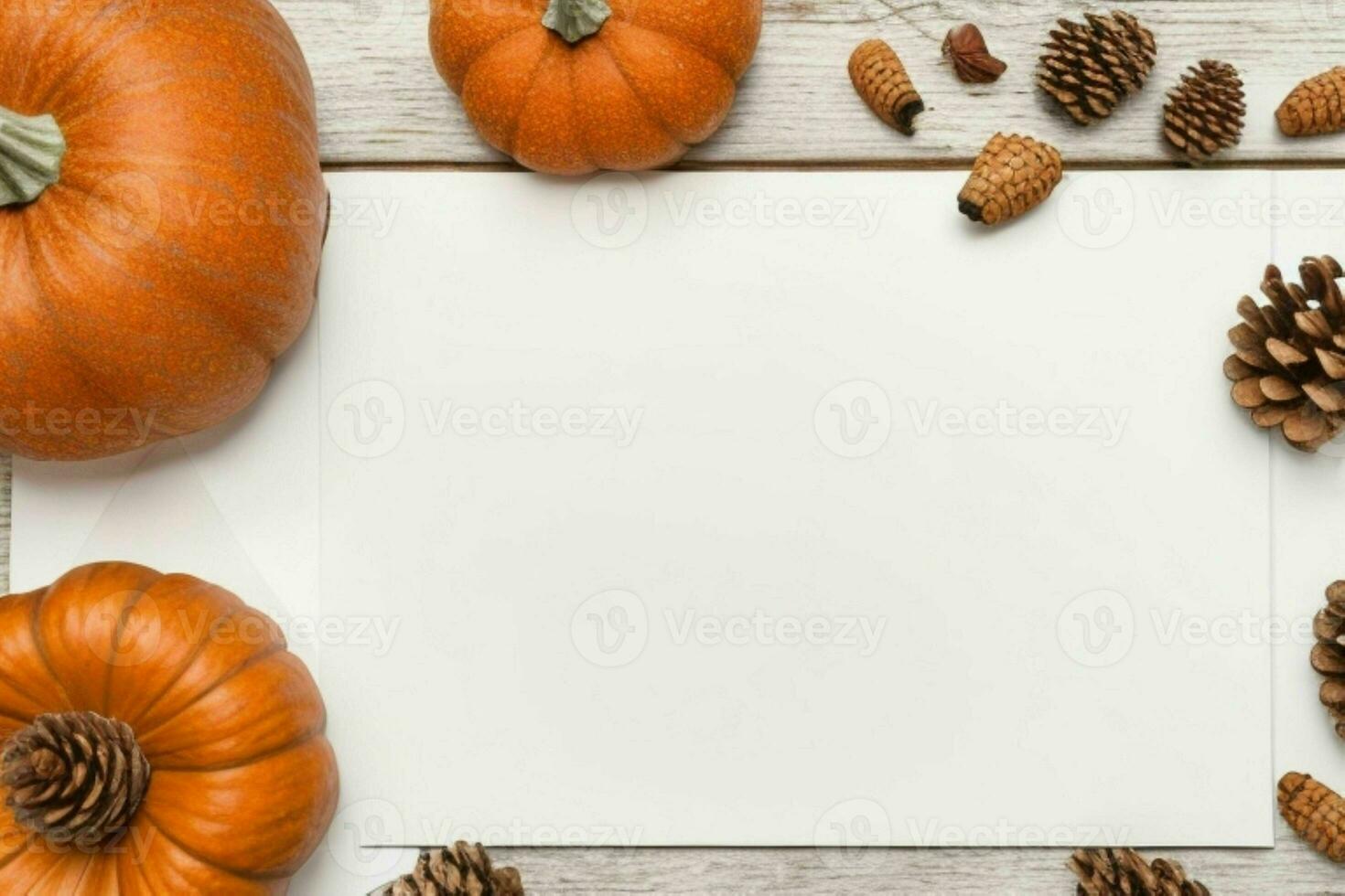 pumpkin, pine cones and dry leaves decoration. paperwhite blank card mockup background. AI Generative Pro Photo