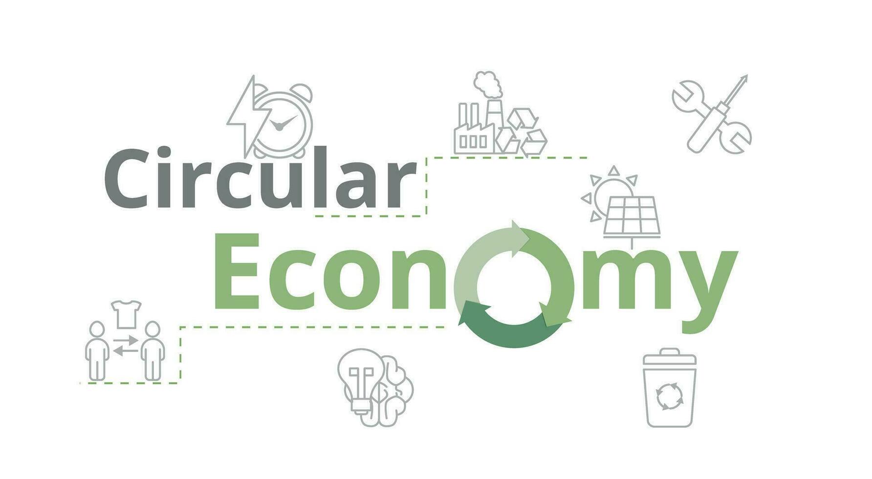 circular economía, sostenible estrategia, ambiental amigable. bandera. vector ilustración en verde y gris