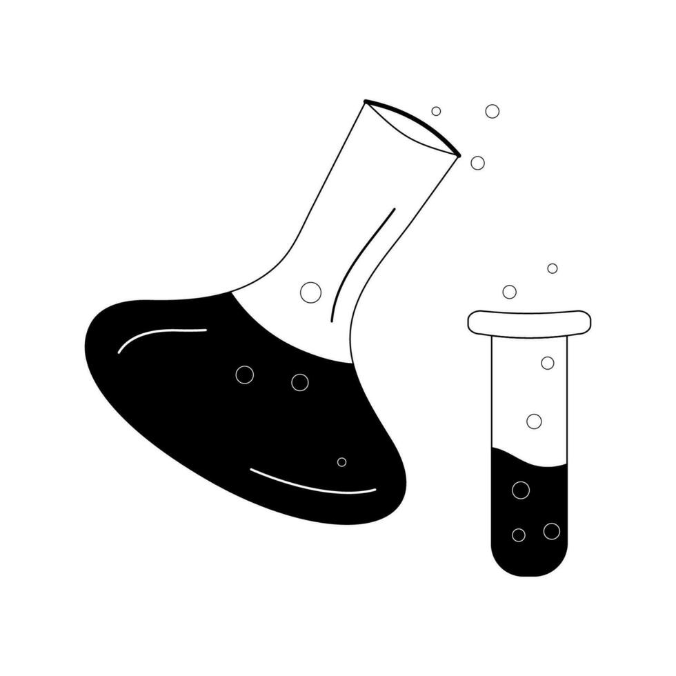 Isolated doodle chemical flasks with bubbles black and white. Outline vector Icon school supplies. Back to school Design element for banner, sticker, cover, postcard, icon, poster, web