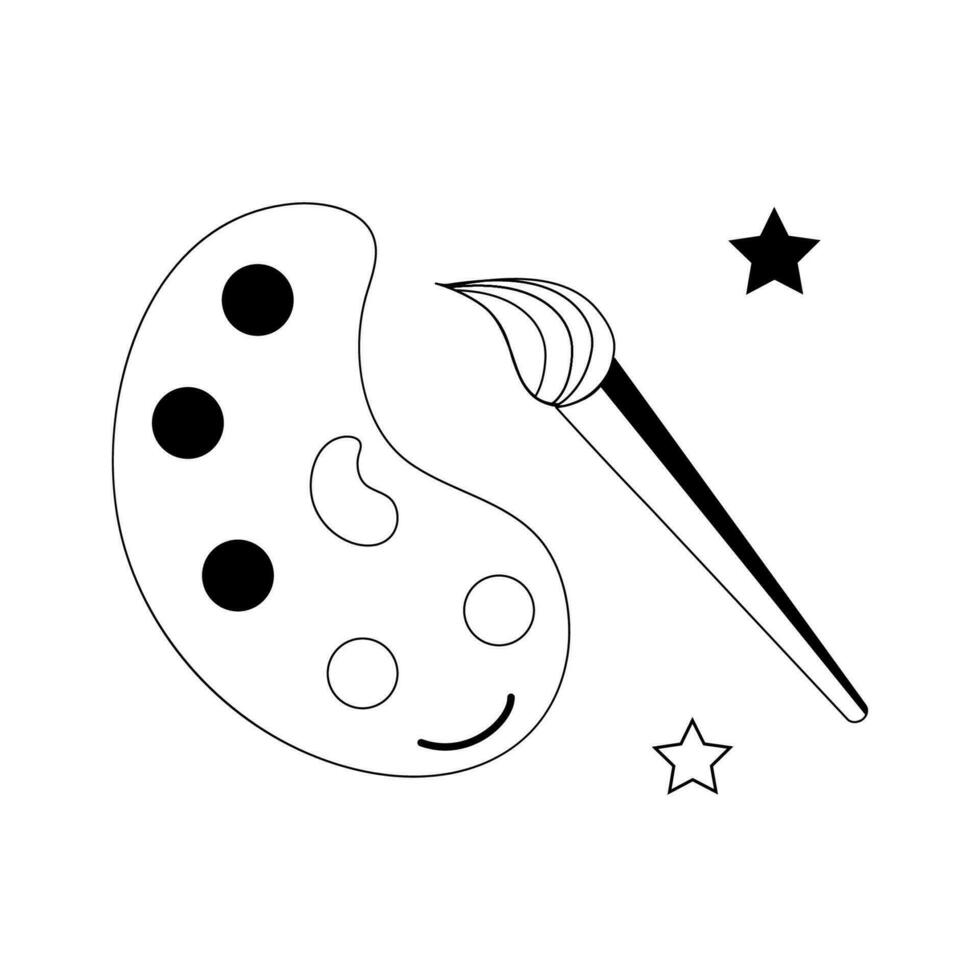 Isolated doodle paints and brushes black and white. Outline vector Icon artist and student supplies. Simple elements for icon, cover, print, poster, card, web element, card for children.