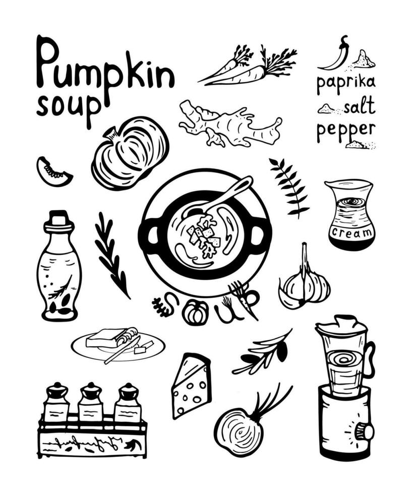 garabatear calabaza sopa receta con letras. vector ilustración. calabaza, crema, aceituna aceite, ajo.