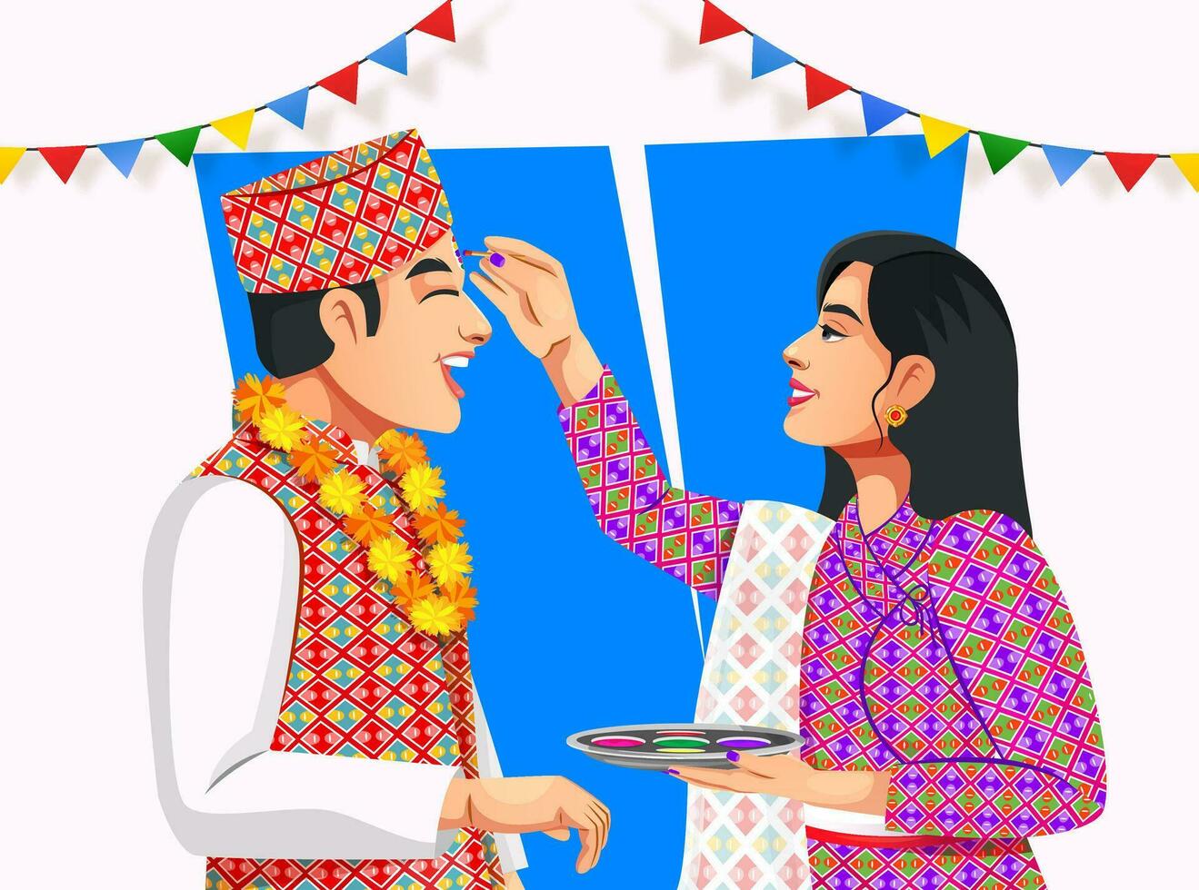 Sister applying tilak on forehead to brother on Bhai Tika or Raksha Bandhan. People in Nepali ethnic clothes vector