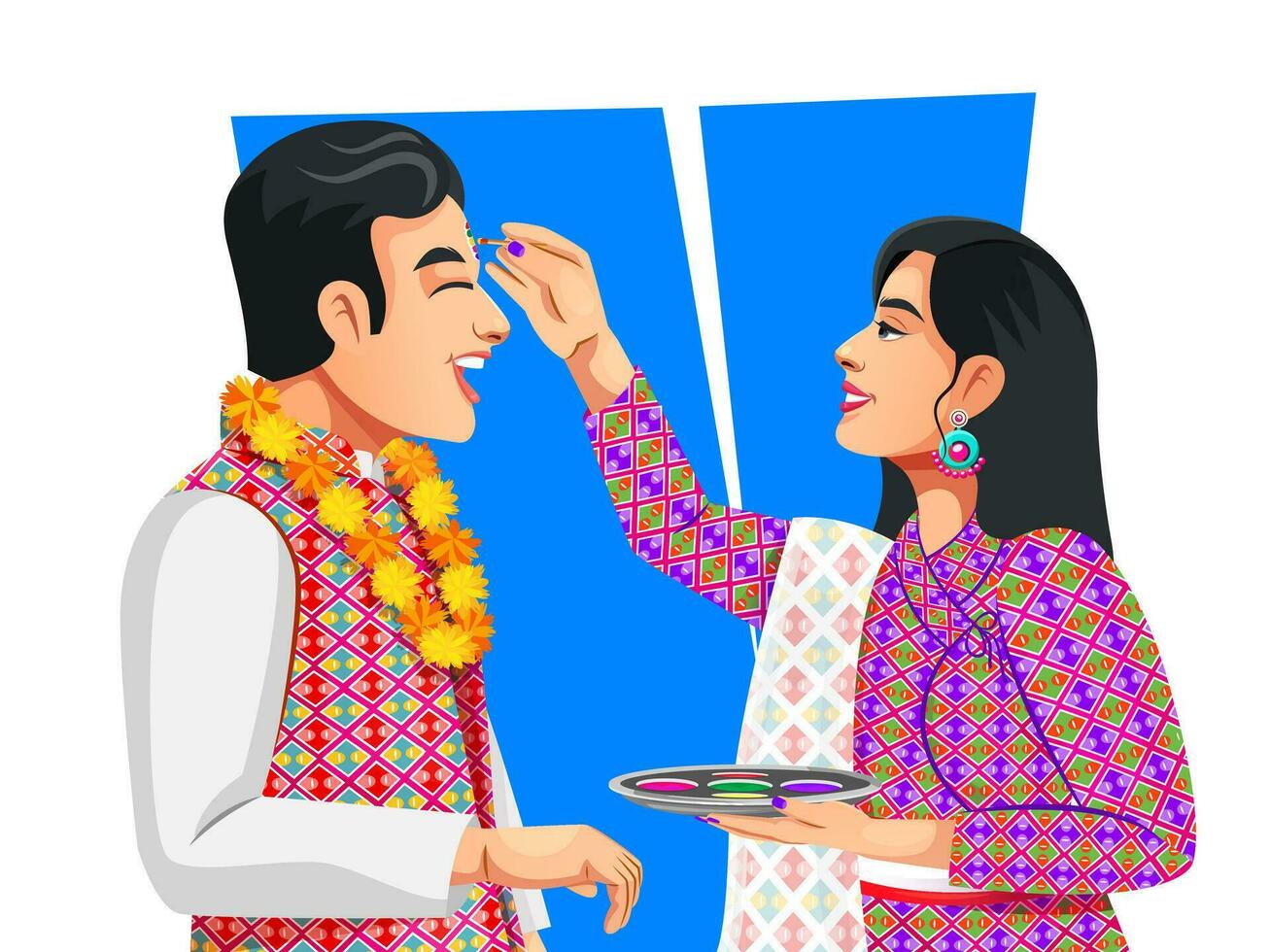 Nepali woman is giving blessings to the brother by putting tika on his forehead and celebrating Bhai Tika or Bhai Dooj vector