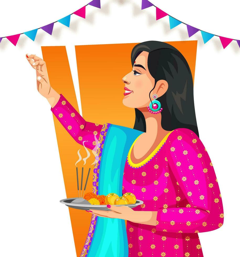 Vector side pose of an Indian woman applying tika and holding puja thali on the occasion of Bhai Dooj