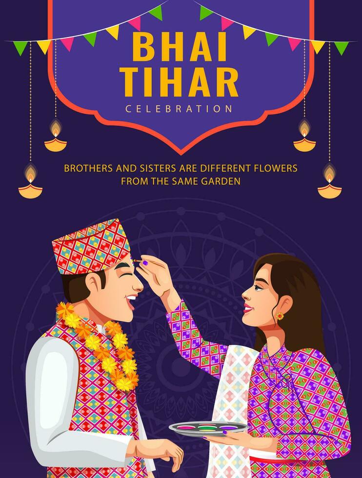 Bhai Tihar or Bhai Tika festival celebration in Nepal. Greeting card design template vector