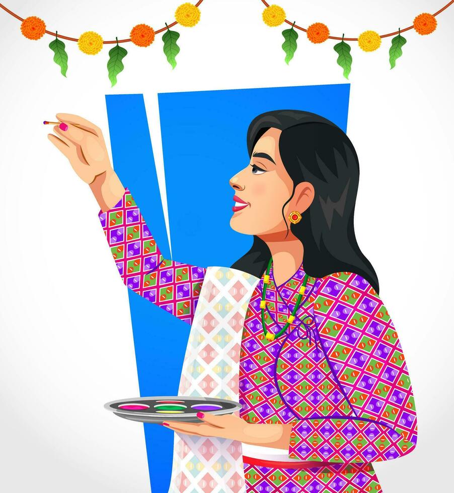 Side profile pose of a beautiful Nepali woman applying tika and holding Tika thali on the occasion of Bhai Tika or Bhai Tihar vector