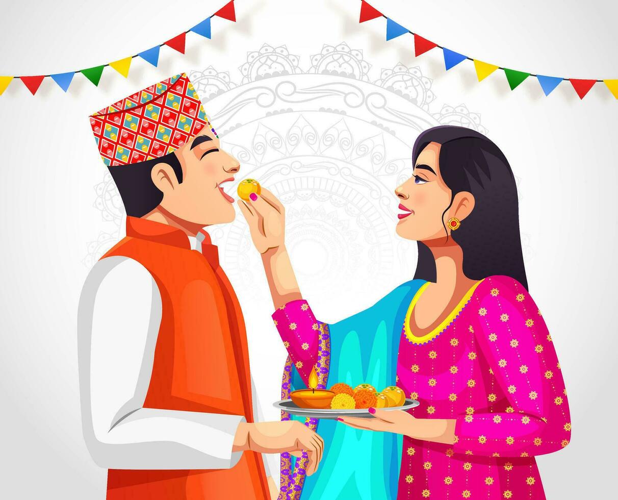 Vector banner for Bhai Tika or Bhai Tihar a festival in Nepal celebration. Nepali people character design