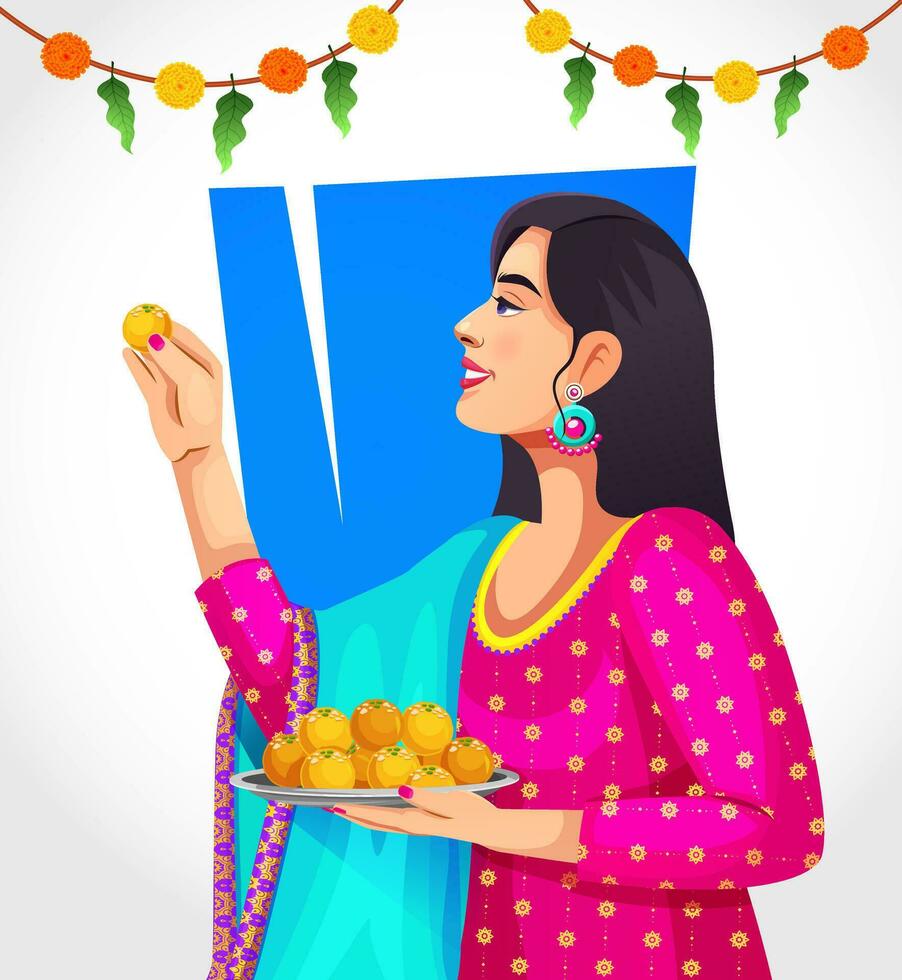 indio mujer celebrando diwali con lleno de felicidad y participación indio dulces laddu thali en mano. indio festival concepto vector