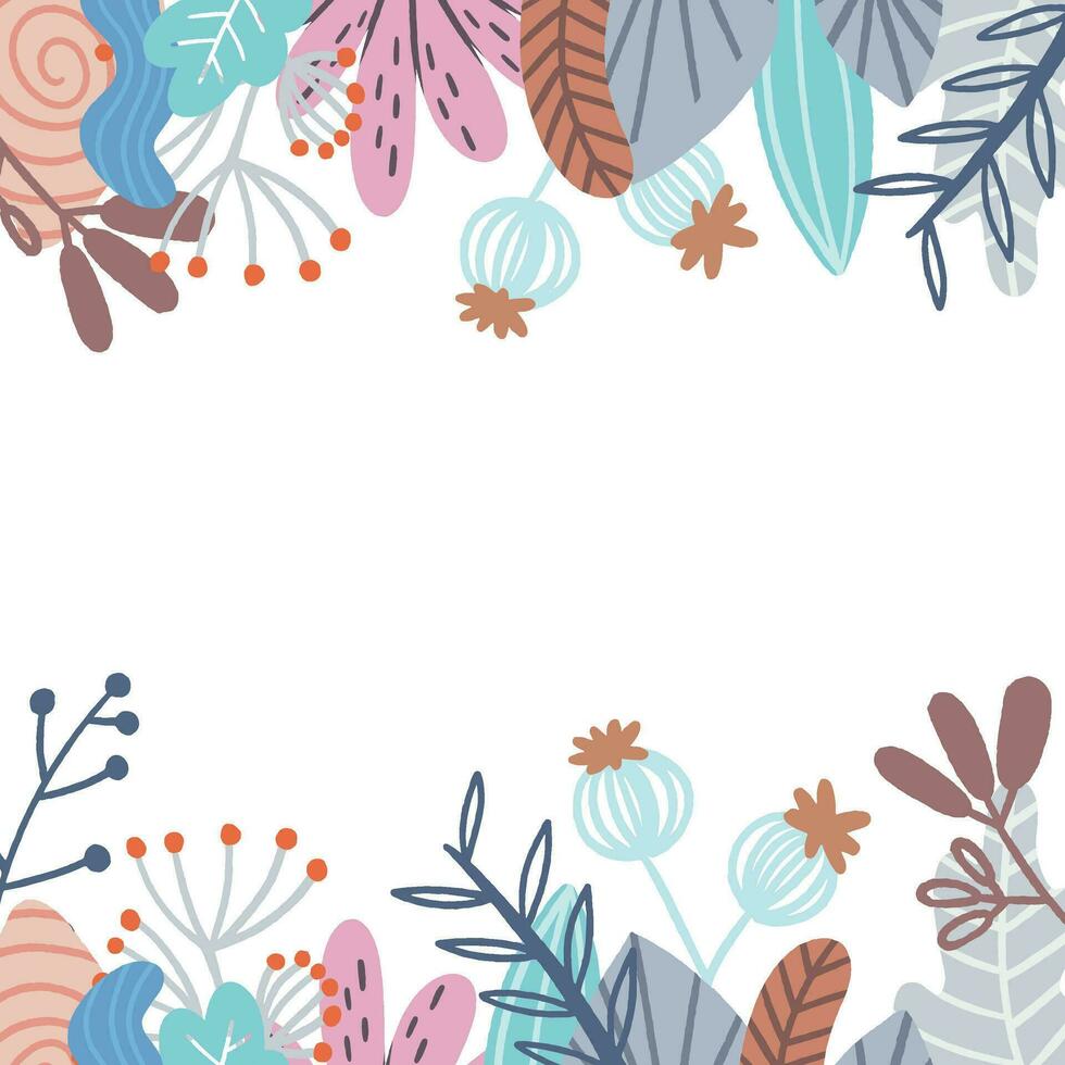 Plants background in flat style with space for text. Forest, garden or jungle background. Foliage banner, spring and summer cards design, nature poster. Vector illustration.