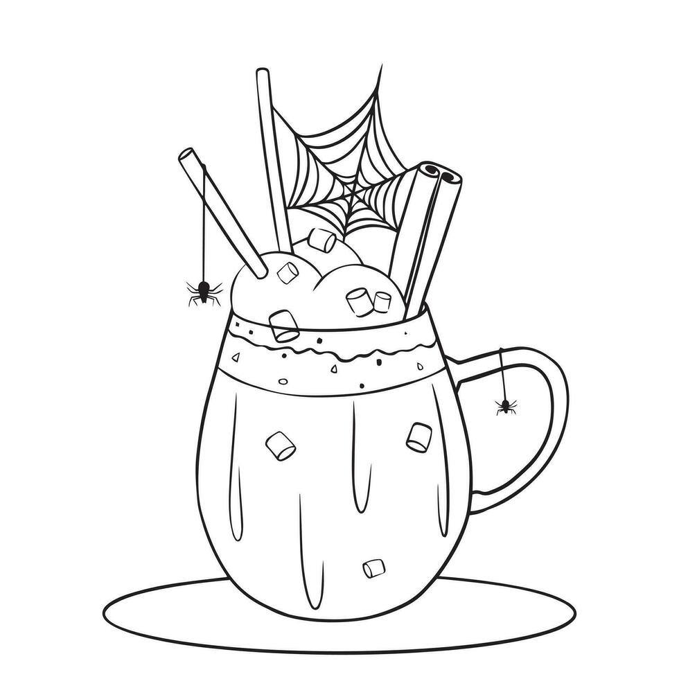 Halloween latte coffee with marshmallows, cinnamon and cobwebs. Mystical decoration of a mug for Halloween. Coloring pages for Halloween vector