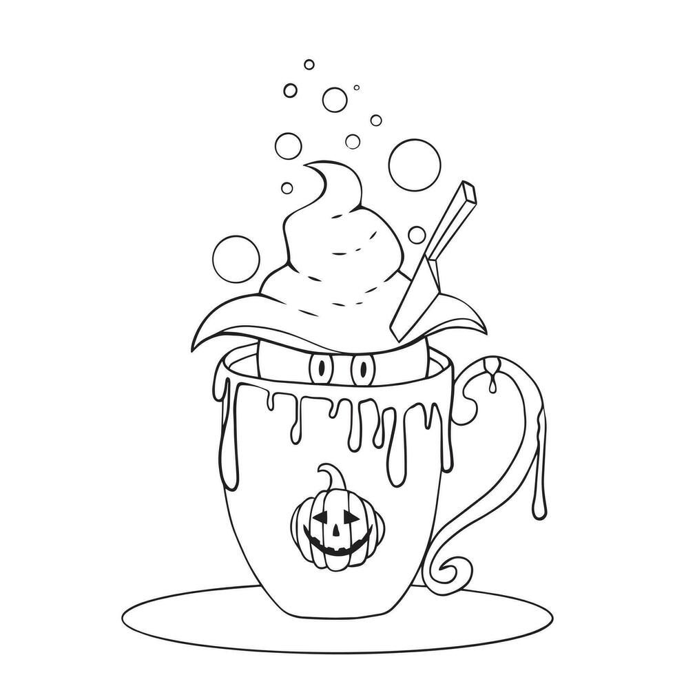 Coffee in a mug at Halloween with a ghost in a witch hat. Ghost in a mug on Halloween. vector